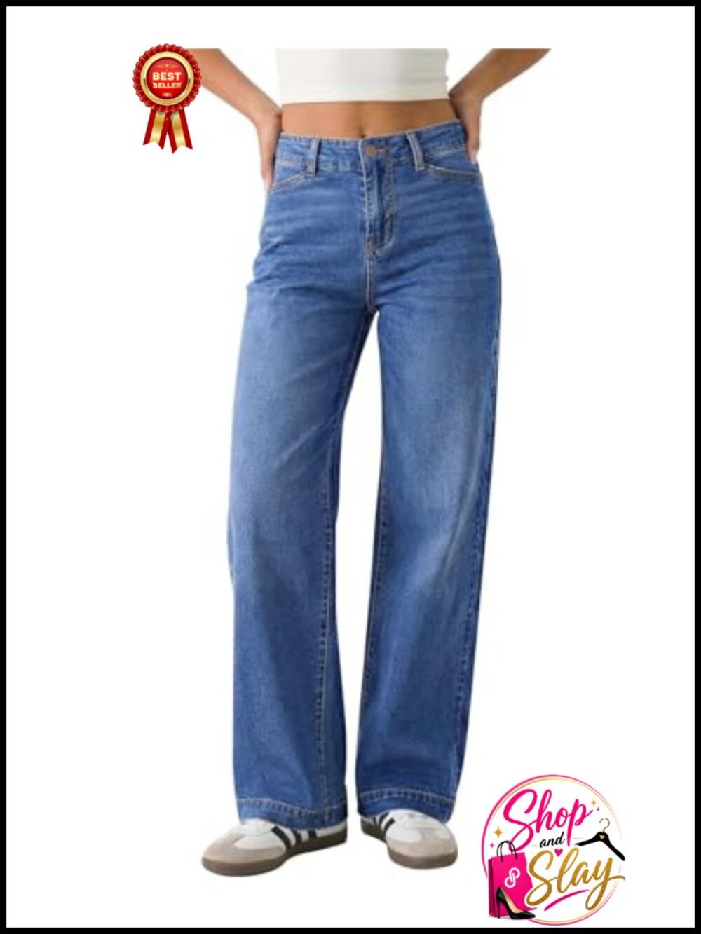 Wide Leg High Waisted Stretchy Denim Jeans Slash Pockets